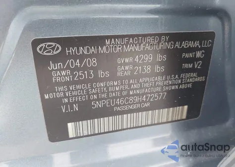 2009 Hyundai Sonata Limited z USA, uszkodzony, nr VIN 5NPEU46C89H472577